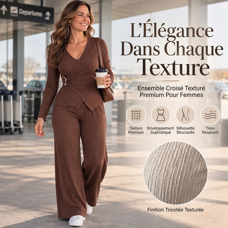Ensemble femme haut texturé croisé asymétrique et pantalon large