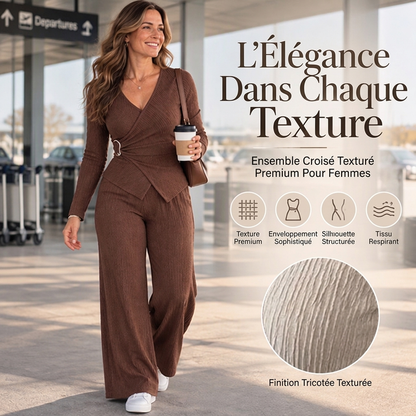 Ensemble femme haut texturé croisé asymétrique et pantalon large