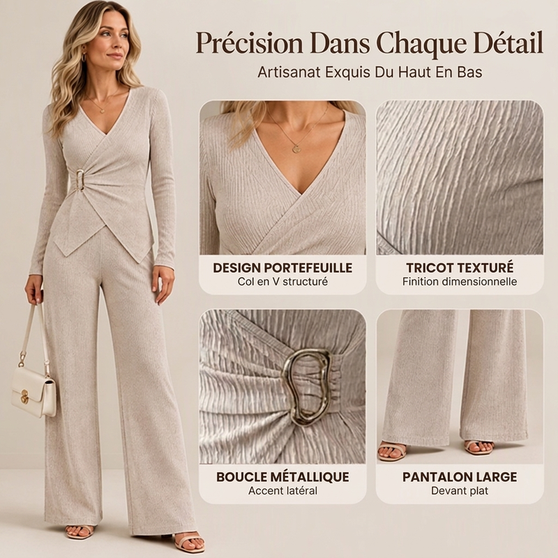 Ensemble femme haut texturé croisé asymétrique et pantalon large