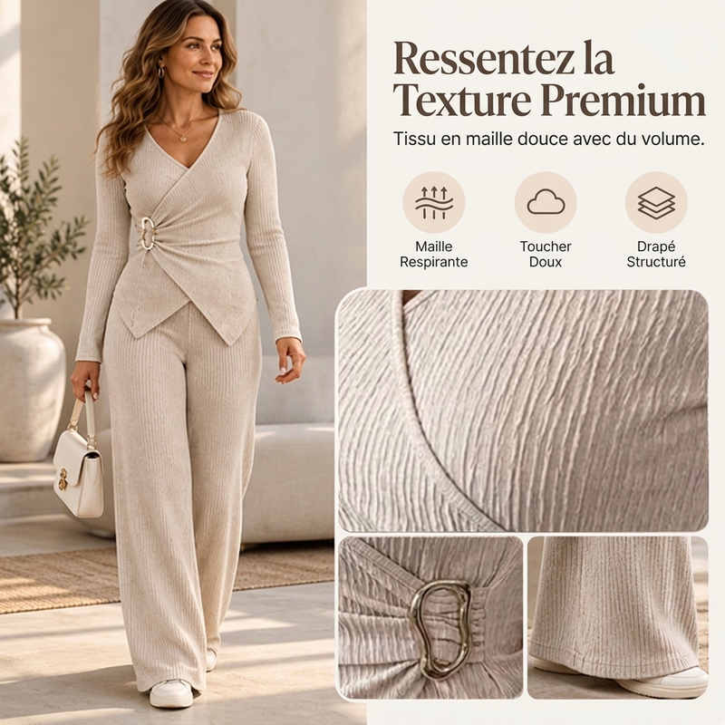 Ensemble femme haut texturé croisé asymétrique et pantalon large