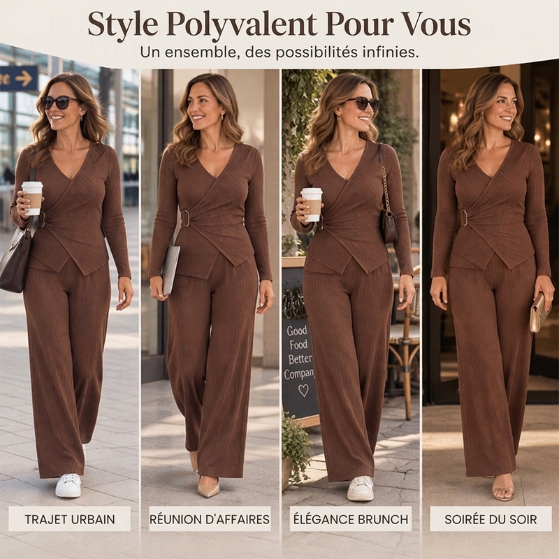 Ensemble femme haut texturé croisé asymétrique et pantalon large