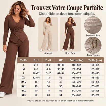 Ensemble femme haut texturé croisé asymétrique et pantalon large